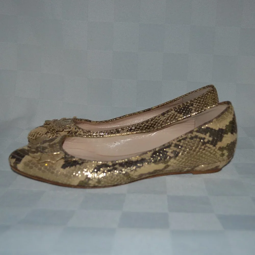 Sz 6 Loeffler Randall Gold Snakeskin Effect Ballet Flats Shoes